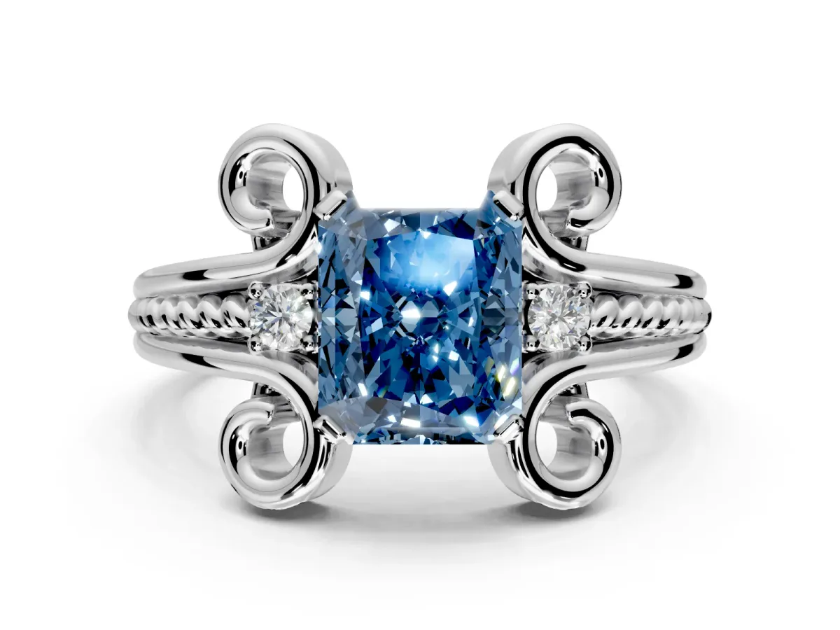 Solitaire Engagement Ring Setting for Fancy Blue Radiant Cut Center with Twisted Band and Scroll Prong Head in Platinum