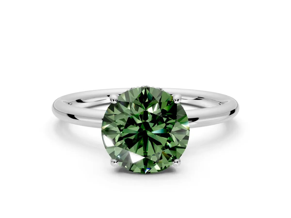 Solitaire Engagement Ring Setting for Fancy Green Round Cut Center with Plain Band, Open Basket and Prong Head in Platinum
