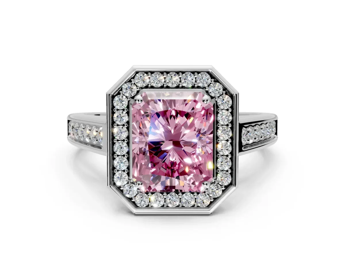 Halo Engagement Ring Setting for Fancy Pink Radiant Cut Center with Outer Bezel Rim, Pave Band and Prong Head in Sterling Silver