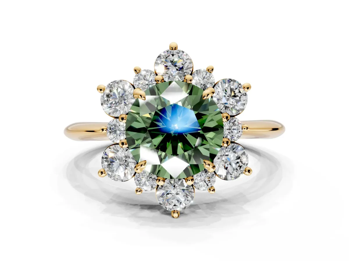 Small-Accent Cluster Halo Engagement Ring Setting for Fancy Green Round Cut Center with Plain Band and Prong Head in Yellow Gold