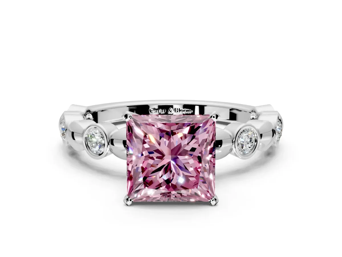 Solitaire Engagement Ring Setting for Fancy Pink Princess Cut Center with Beaded Bezel Station Band and Prong Head in White Gold