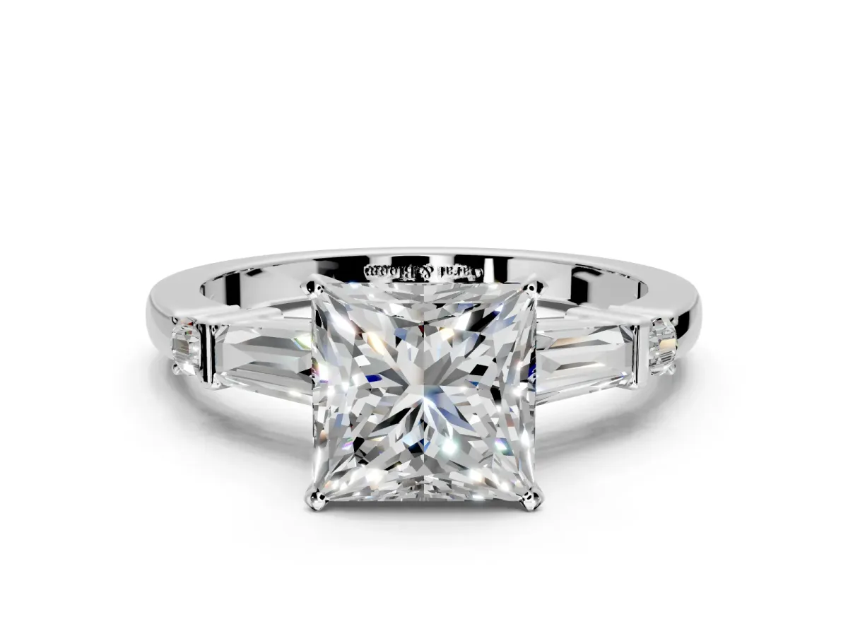 Bar-Set Engagement Ring Setting for Princess Cut Center with Tapered Baguette Accents and Prong Head in Platinum