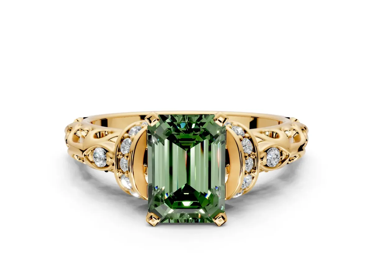Solitaire Engagement Ring Setting for Fancy Green Emerald Cut Center with Filigree Band and Prong Head in Yellow Gold