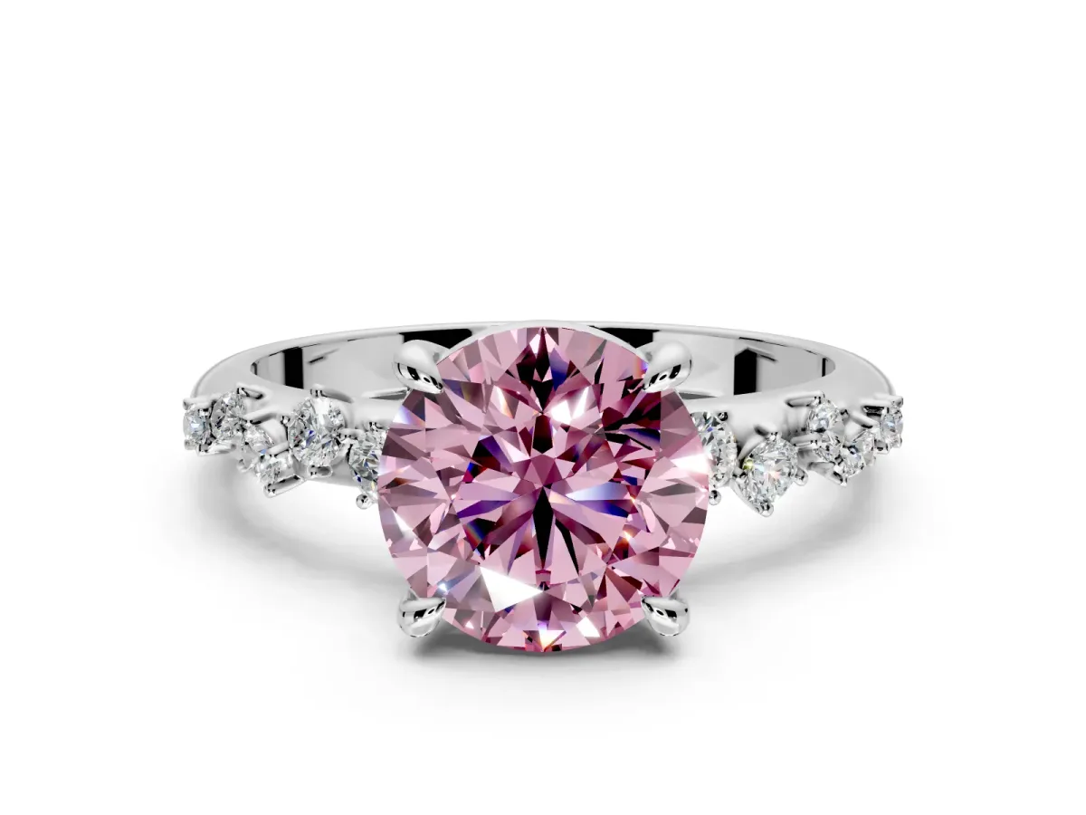 Solitaire Engagement Ring Setting for Fancy Pink Round Cut Center with Trailing Leaf Accent Band and Prong Head in Platinum