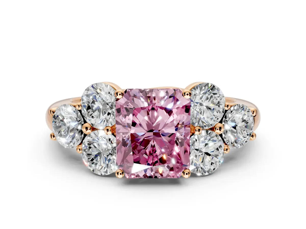 Cluster Engagement Ring Setting for Fancy Pink Radiant Cut Center with Round Cut Accent Frame and Prong Head in Rose Gold