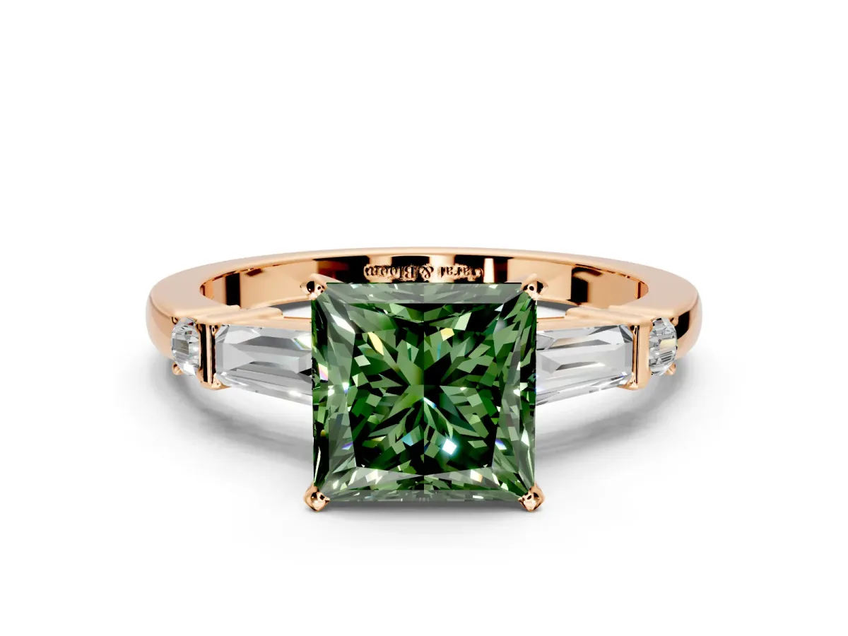 Bar-Set Engagement Ring Setting for Fancy Green Princess Cut Center with Tapered Baguette Accents and Prong Head in Rose Gold