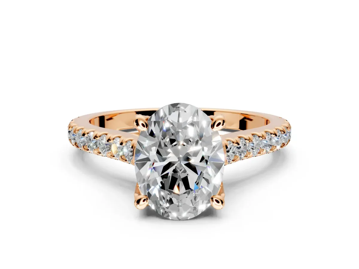 Solitaire Engagement Ring Setting for Oval Center with Widening Pave Band and Claw Prong Head in Rose Gold