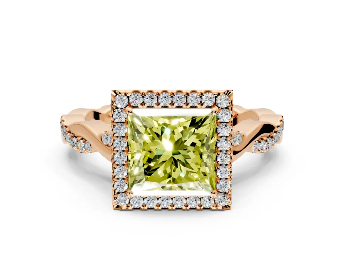 Halo Engagement Ring Setting for Fancy Yellow Princess Cut Center with Twist Band and Prong Head in Rose Gold