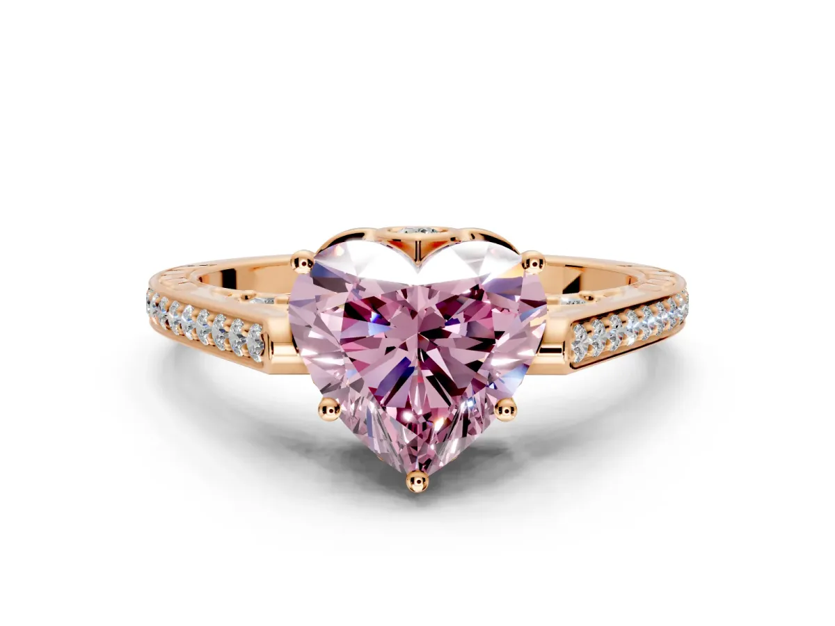 Cathedral Engagement Ring Setting for Fancy Pink Heart-Shaped Center with Antique-Style Pave Band and Prong Head in Rose Gold