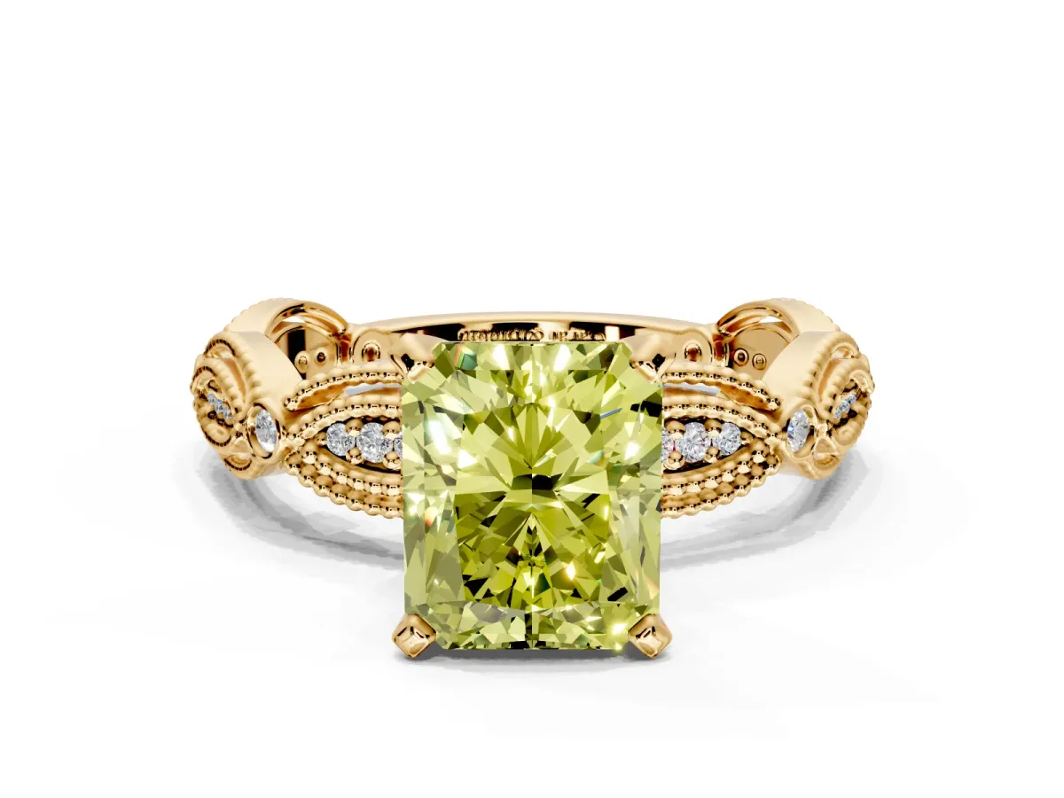 Solitaire Engagement Ring Setting for Fancy Yellow Radiant Cut Center with Marquise Panel Band and Prong Head in Yellow Gold