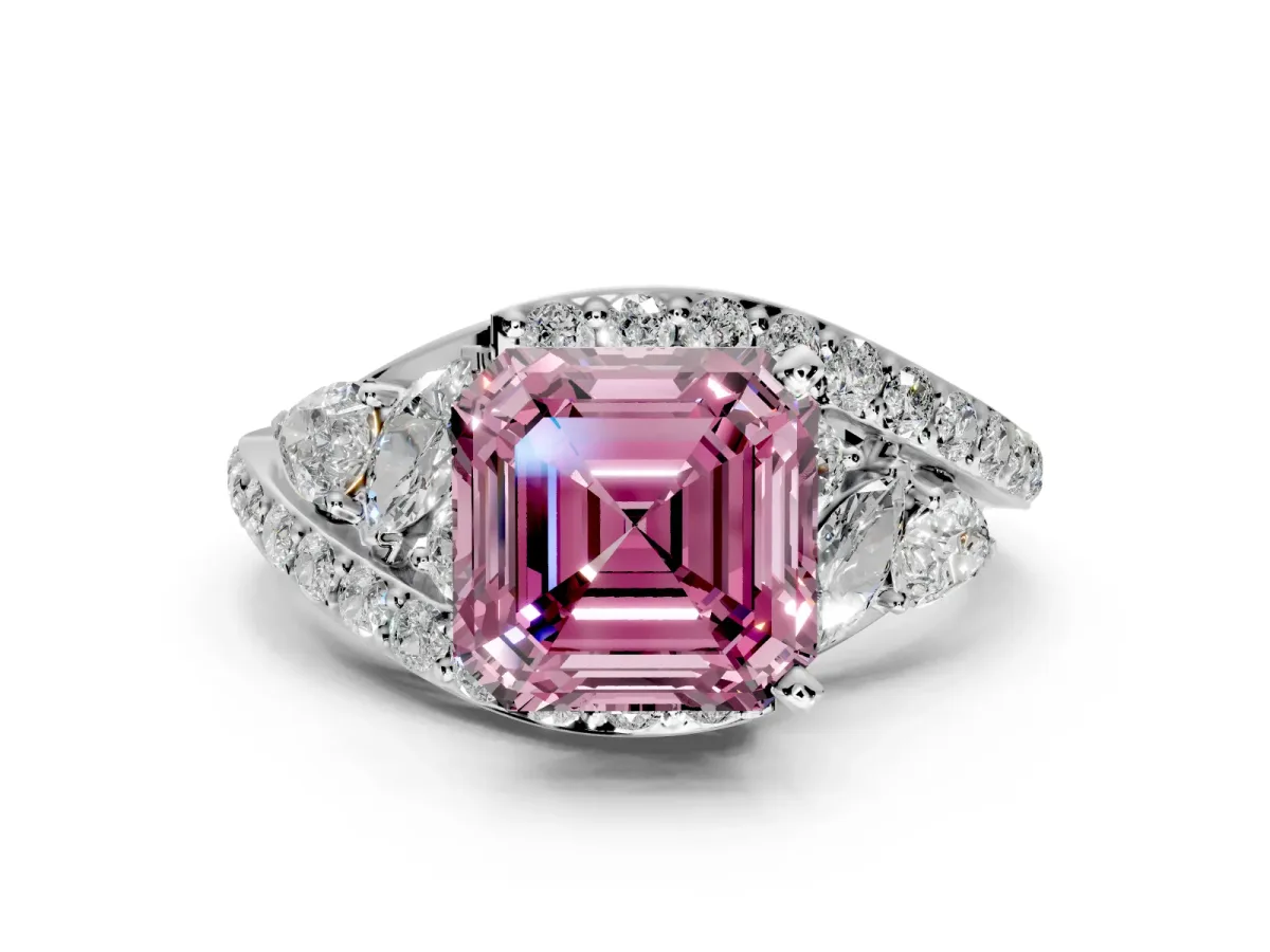 Halo Engagement Ring Setting for Fancy Pink Asscher Cut Center with Marquise and Pave Bypass Band and Prong Head in Sterling Silver