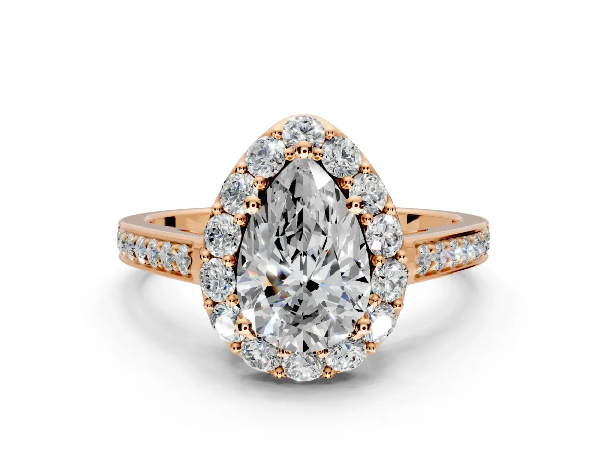 Floral Halo Engagement Ring Setting for Pear-Shaped Center with Large Halo Accents and Prong Head in Rose Gold