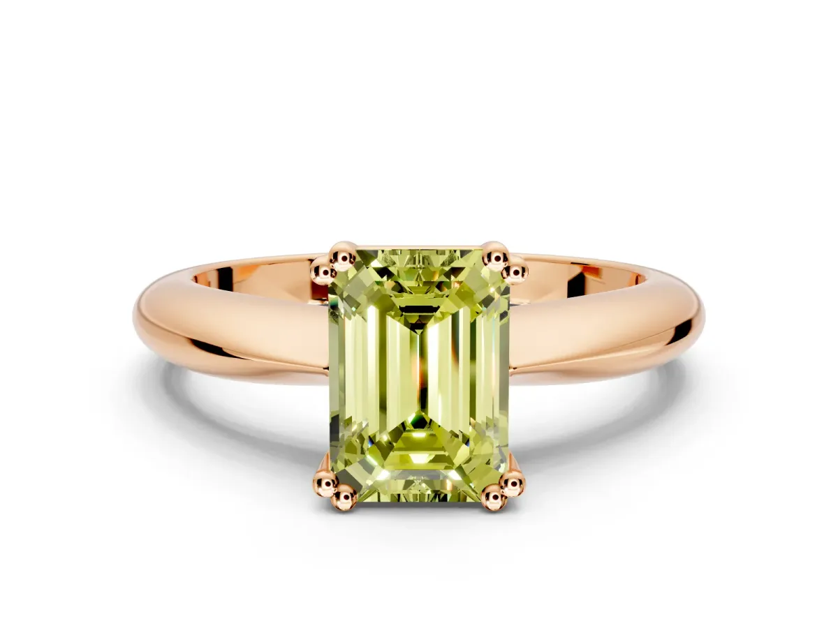 Solitaire Engagement Ring Setting for Fancy Yellow Emerald Cut Center with Reverse Tapered Band and Prong Head in Rose Gold