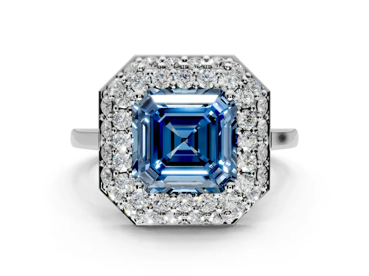 Halo Engagement Ring Setting for Fancy Blue Asscher Cut Center with Plain Tapered Band and Prong Head in Sterling Silver