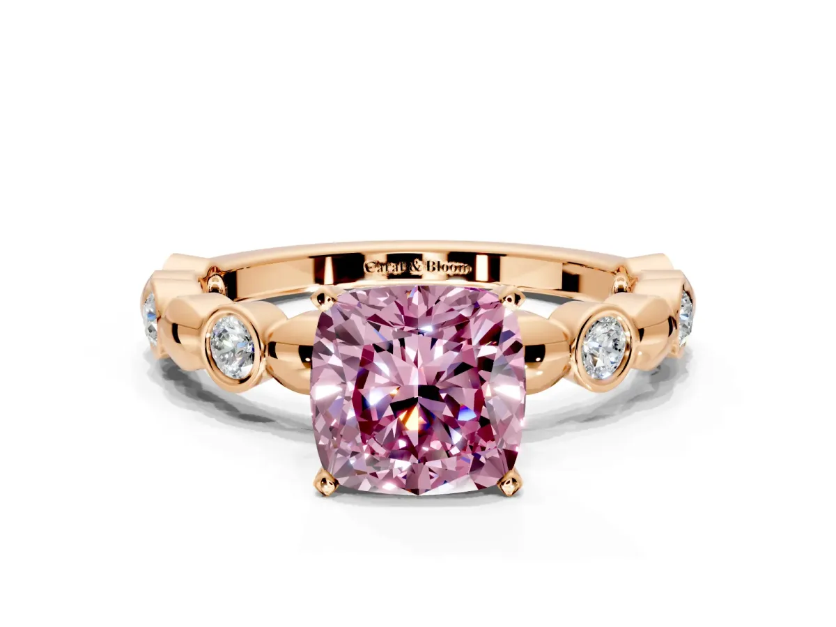 Solitaire Engagement Ring Setting for Fancy Pink Cushion Cut Center with Beaded Bezel Station Band and Prong Head in Rose Gold