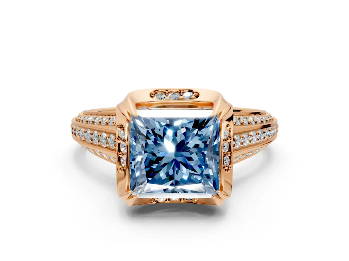 Solitaire Engagement Ring Setting for Fancy Blue Princess Cut Center with Accented Split Shank and Prong Head in Rose Gold