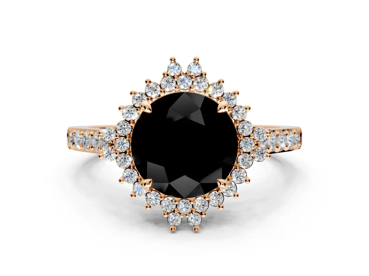 Sunburst Halo Engagement Ring Setting for Fancy Black Round Cut Center with Pave Band and Prong Head in Rose Gold