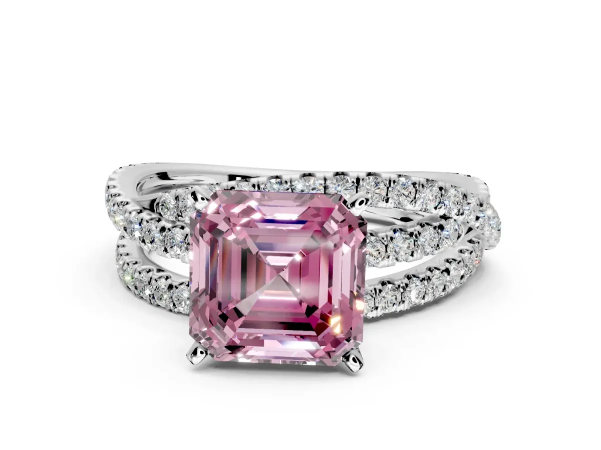 Solitaire Engagement Ring Setting for Fancy Pink Asscher Cut Center with Woven 3-Strand Pave Band and Prong Head in Platinum