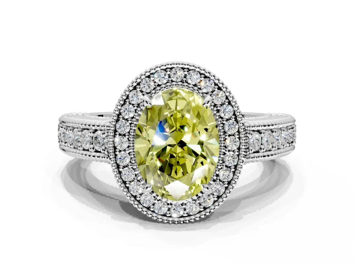 Milgrain Halo Engagement Ring Setting for Fancy Yellow Oval Center with Pave Band and Prong Head in Platinum