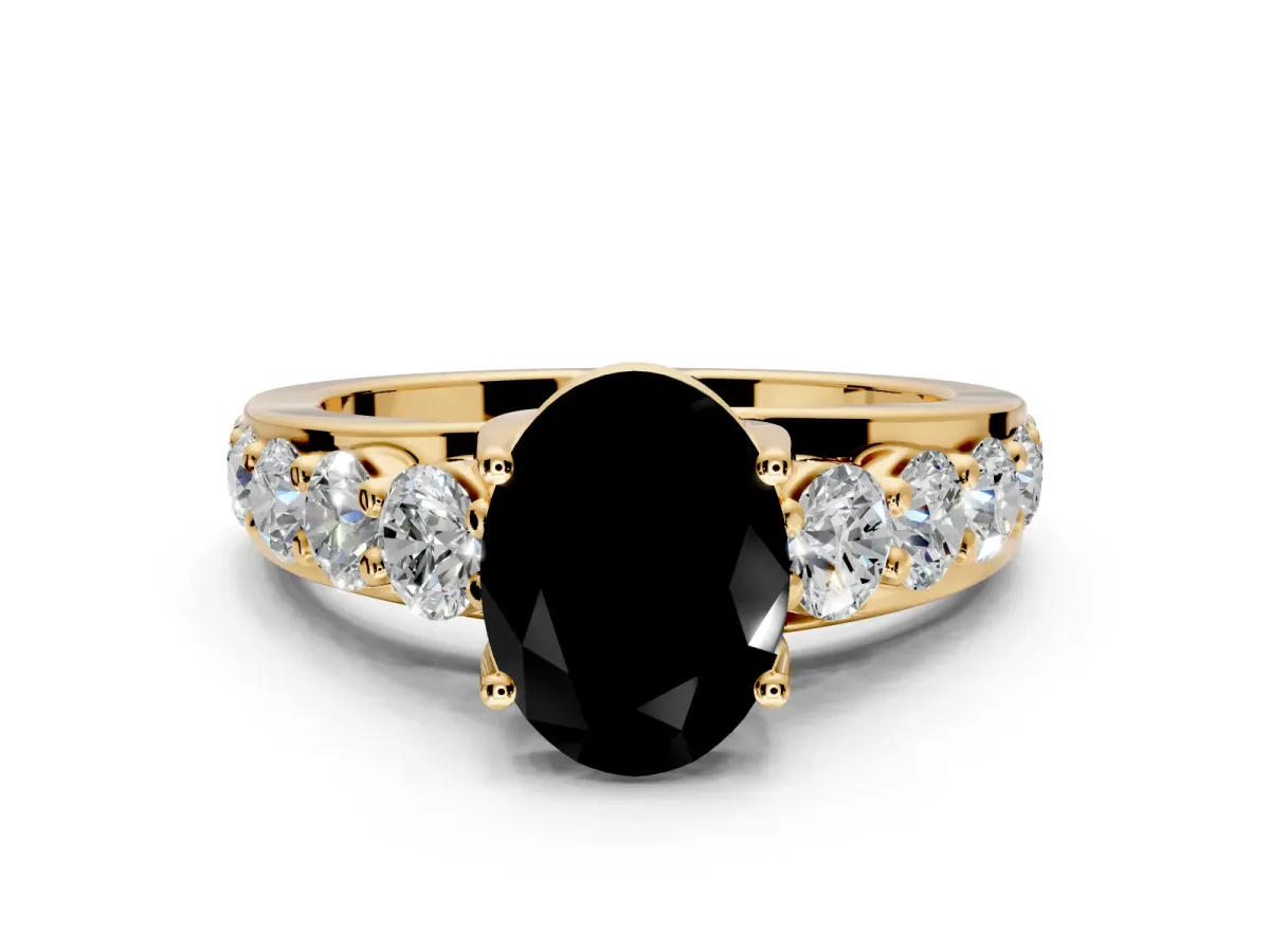 Solitaire Engagement Ring Setting for Fancy Black Oval Center with Graduated Shared Prongs and Prong Head in Yellow Gold