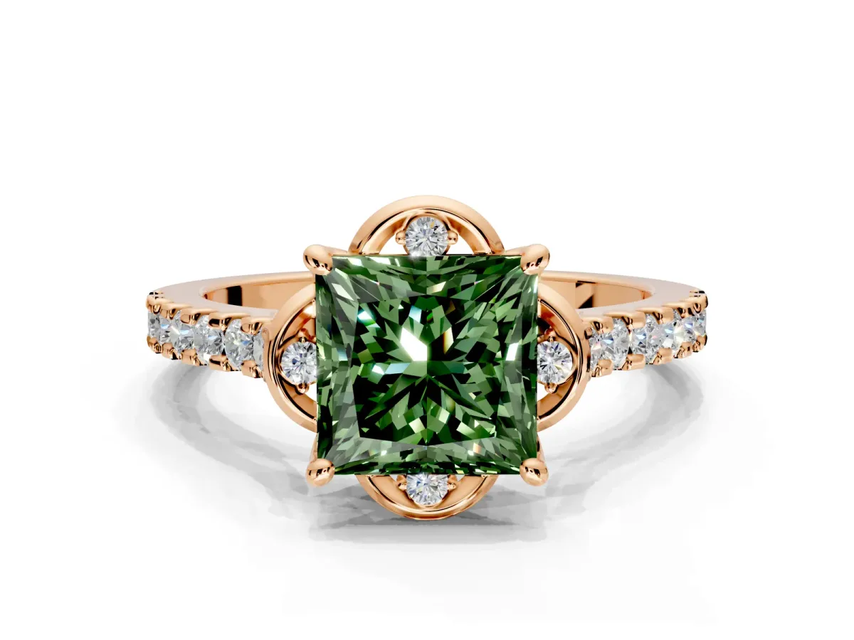 Floral Engagement Ring Setting for Fancy Green Princess Cut Center with Pave Band and Floral Prong Head in Rose Gold