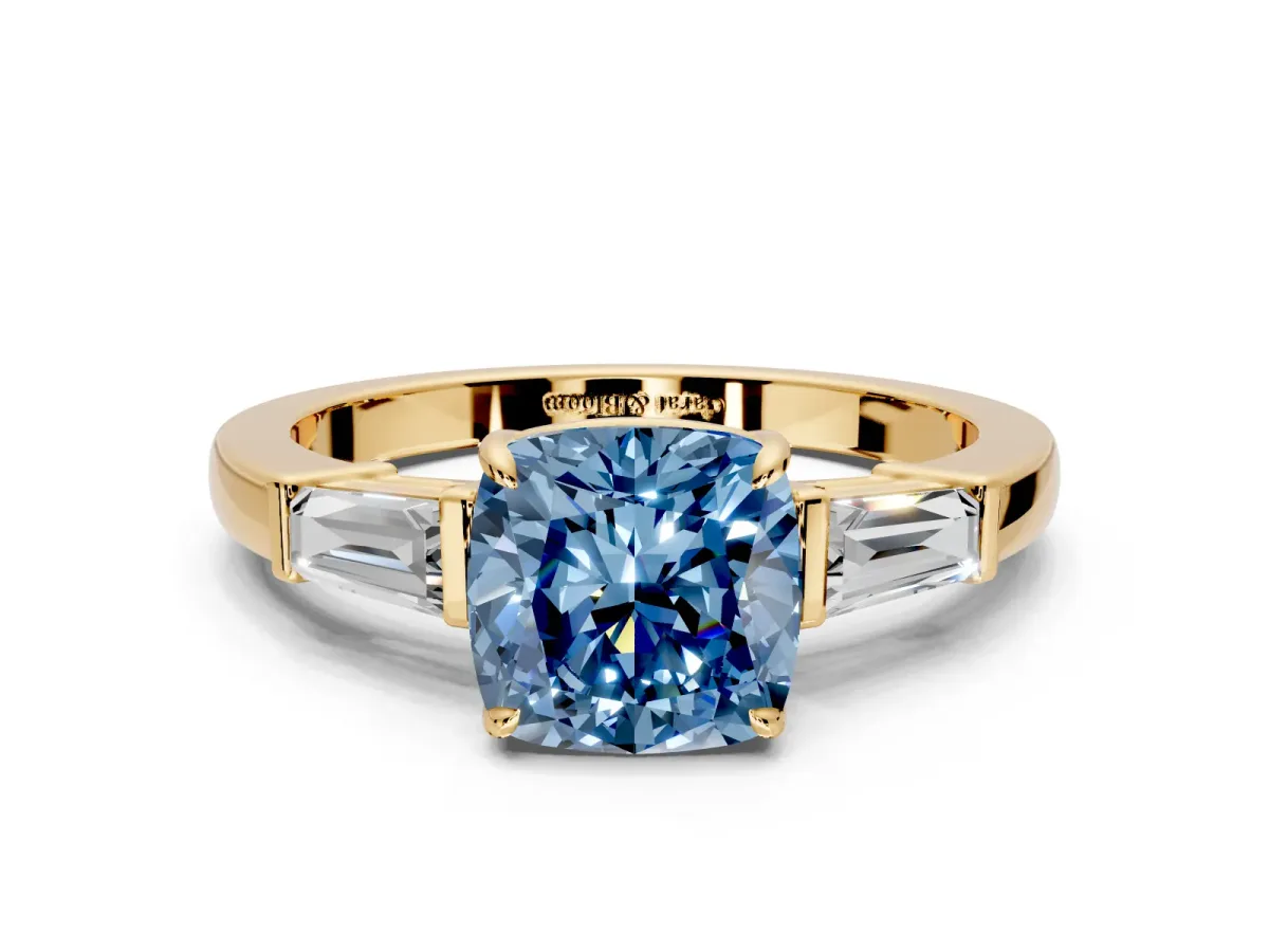 3 Stone Engagement Ring Setting for Fancy Blue Cushion Cut Center with Baguette Accents and Prong Head in Yellow Gold