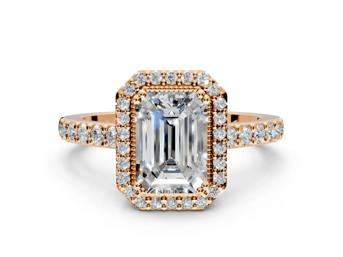 Halo Engagement Ring Setting for Emerald Cut Center with Inner Milgrain Border and Prong Head in Rose Gold