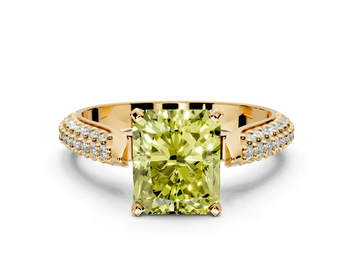 Solitaire Engagement Ring Setting for Fancy Yellow Radiant Cut Center with Multi-Row Accents and Prong Head in Yellow Gold