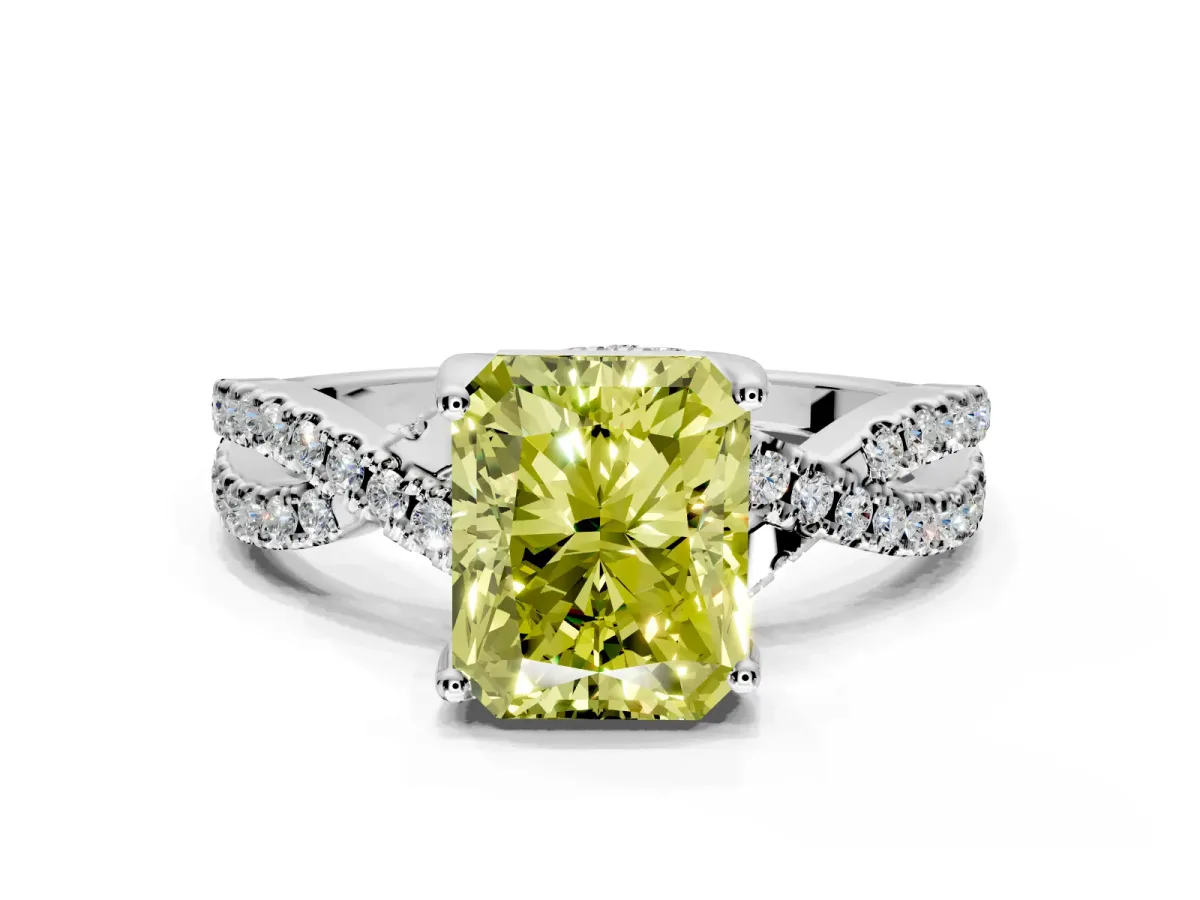 Solitaire Engagement Ring Setting for Fancy Yellow Radiant Cut Center with Narrow Twist Pave Band and Prong Head in Platinum