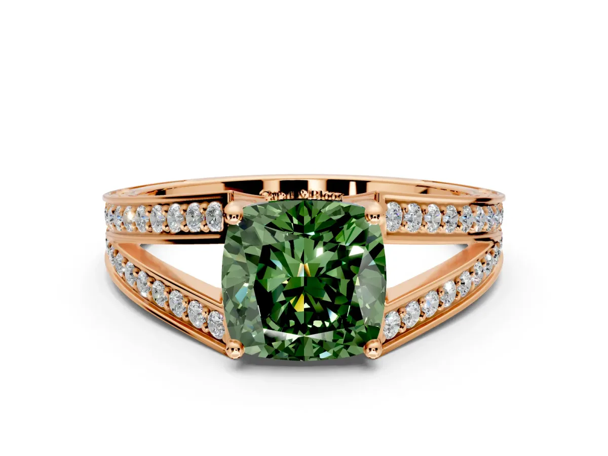 Split Shank Engagement Ring Setting for Fancy Green Cushion Cut Center with Pave Split Shank and Prong Head in Rose Gold