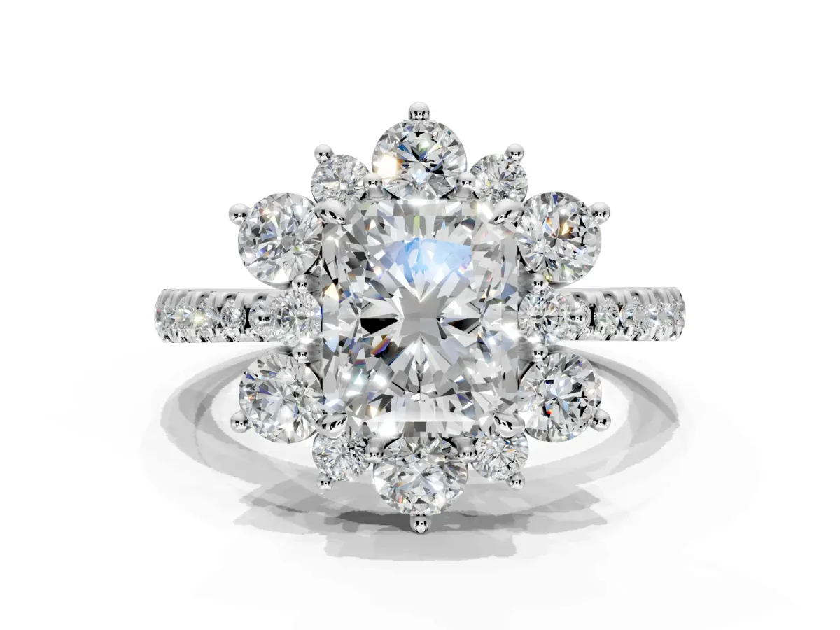 Floral Halo Engagement Ring Setting for Radiant Cut Center with Pave Accents and Prong Head in White Gold