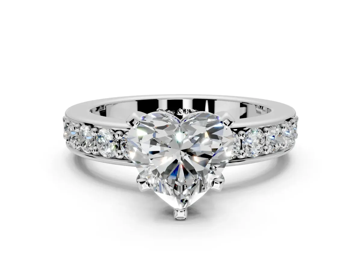 Solitaire Engagement Ring Setting for Heart-Shaped Center with Channel-Set Accents and Prong Head in White Gold