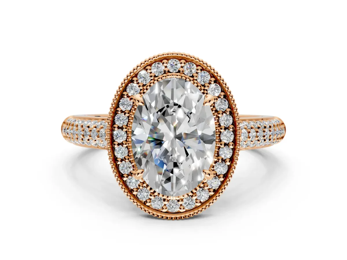 Milgrain Halo Engagement Ring Setting for Oval Center with Three-Sided Pave Band and Prong Head in Rose Gold