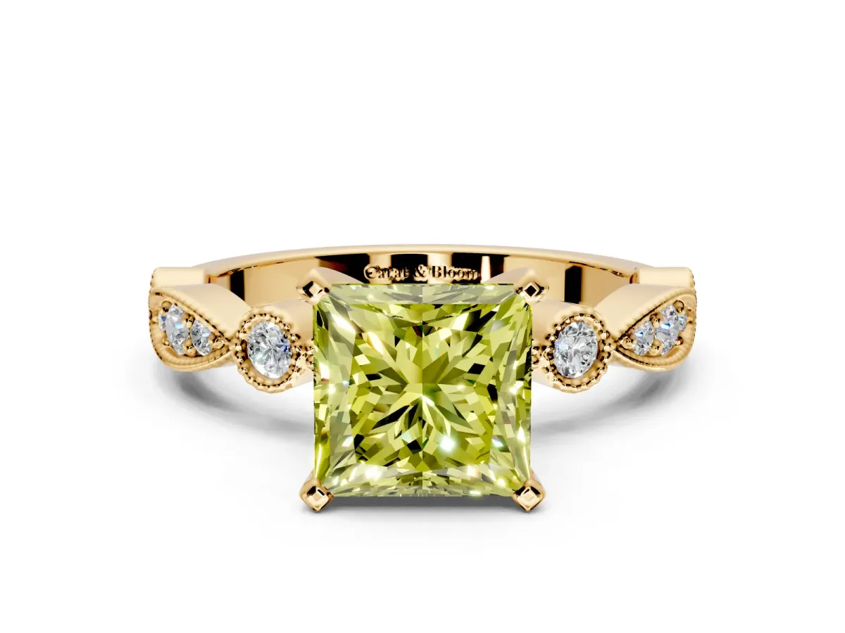 Solitaire Engagement Ring Setting for Fancy Yellow Princess Cut Center with Milgrain Bezel Accents and Prong Head in Yellow Gold
