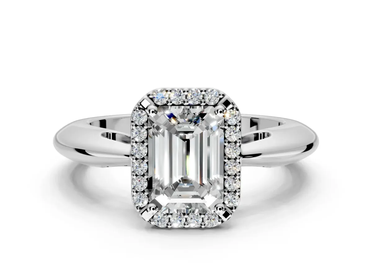 Halo Engagement Ring Setting for Emerald Cut Center with Tapered Plain Band and Prong Head in Sterling Silver