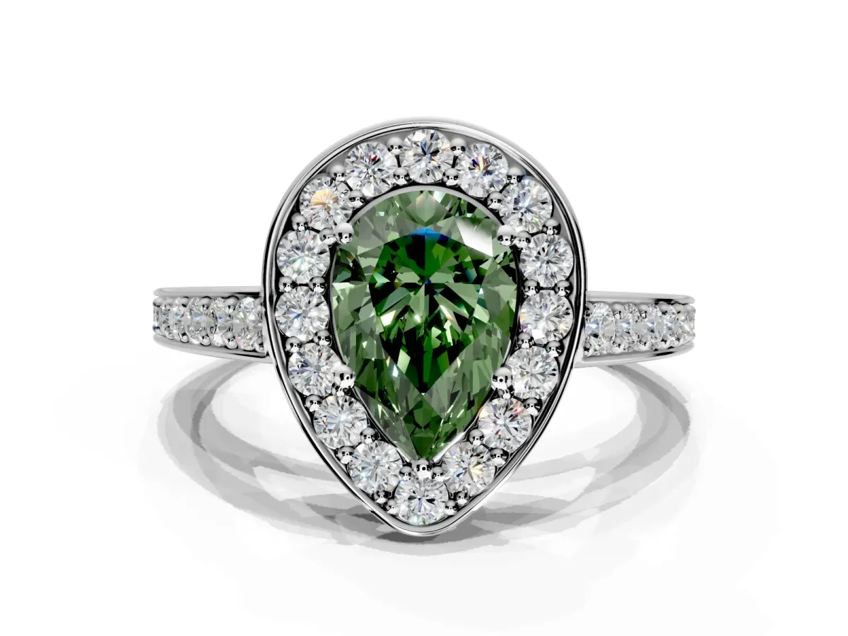 Bezel-Framed Halo Engagement Ring Setting for Fancy Green Pear-Shaped Center with Pave Band and Prong Head in Platinum