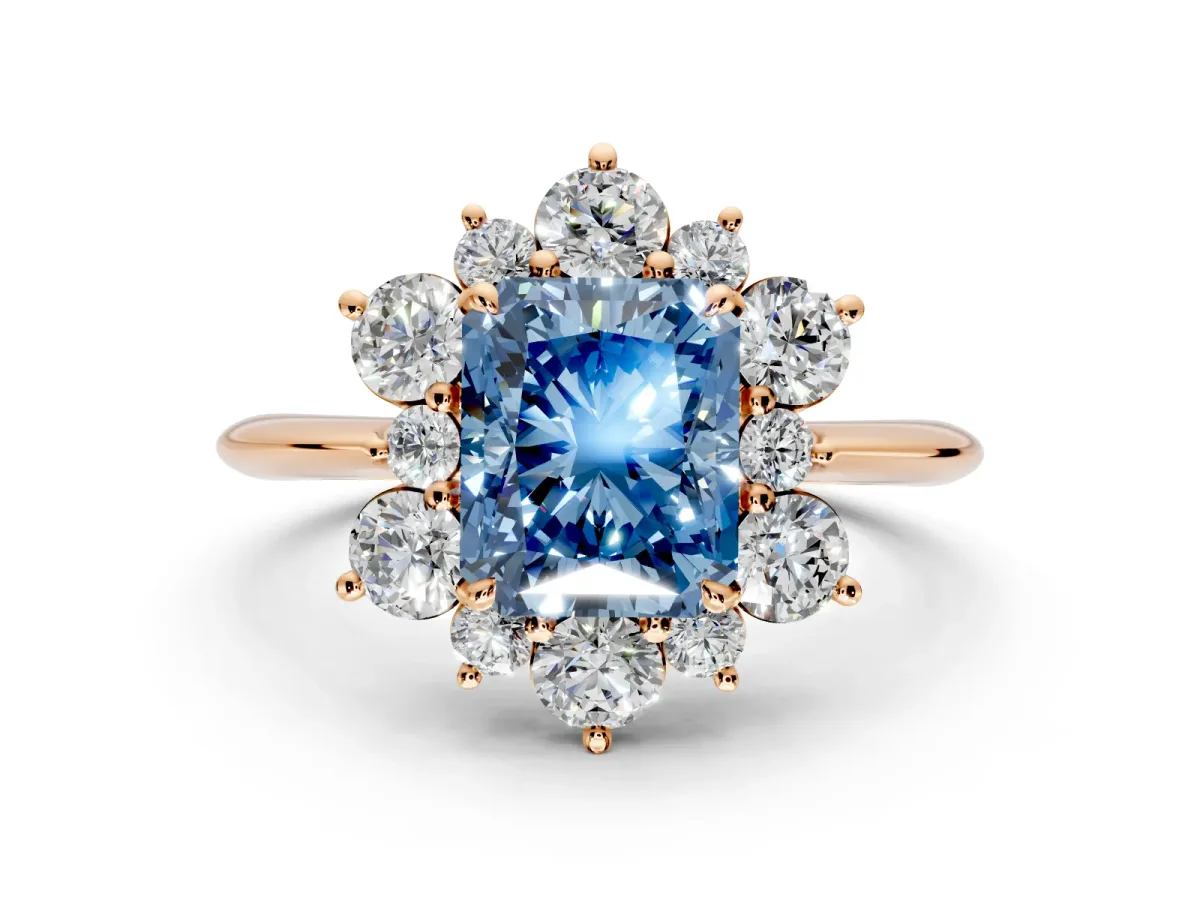 Small-Accent Cluster Halo Engagement Ring Setting for Fancy Blue Radiant Cut Center with Plain Band and Prong Head in Rose Gold