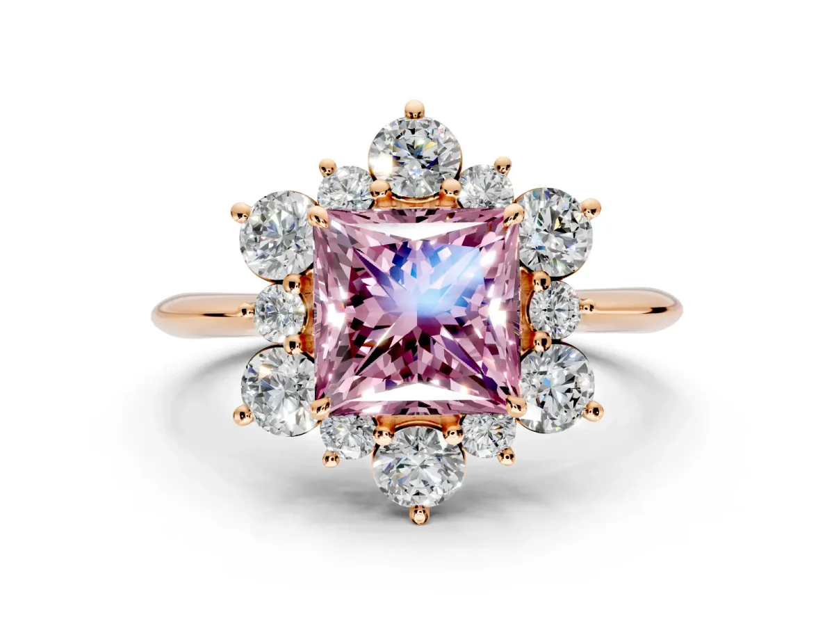 Small-Accent Cluster Halo Engagement Ring Setting for Fancy Pink Princess Cut Center with Plain Band and Prong Head in Rose Gold