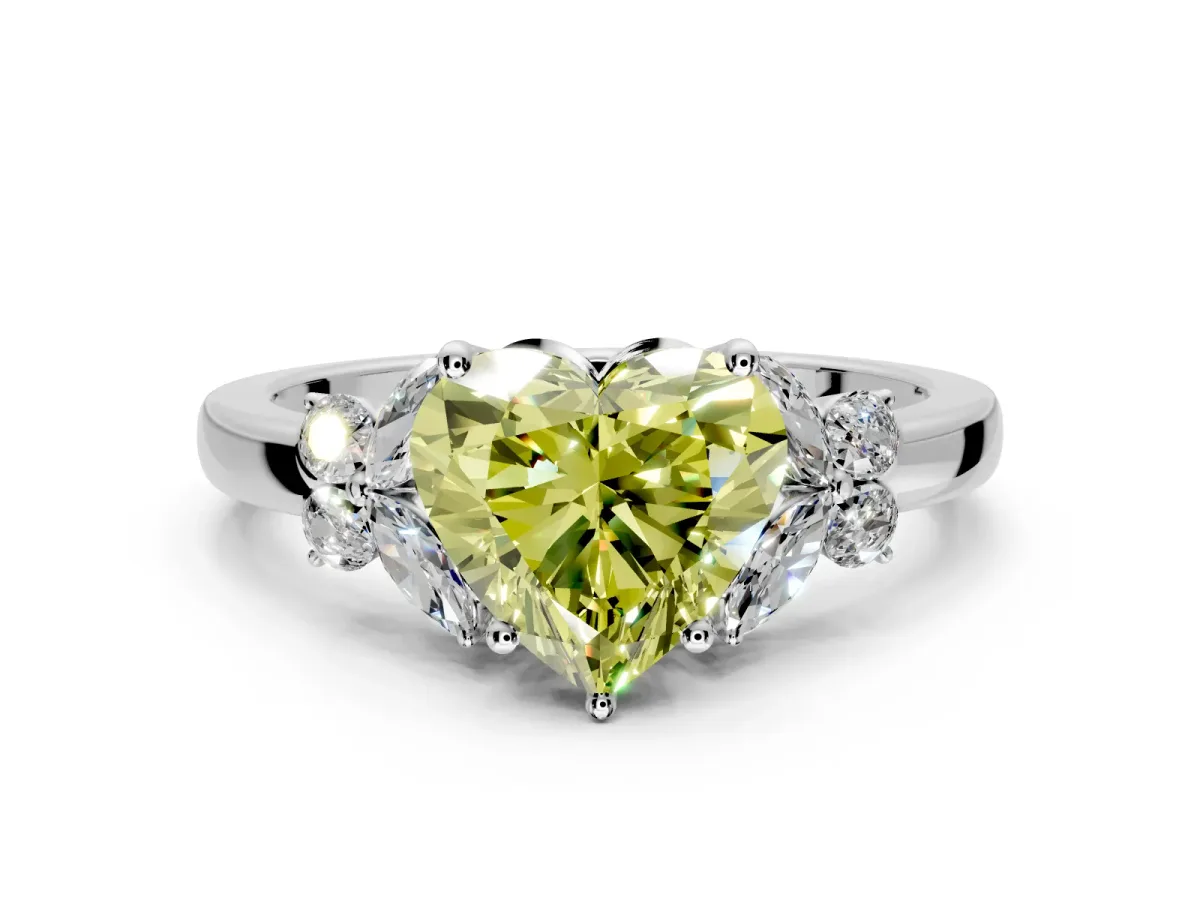 Solitaire Engagement Ring Setting for Fancy Yellow Heart-Shaped Center with Marquise Flower Shoulders and Prong Head in White Gold
