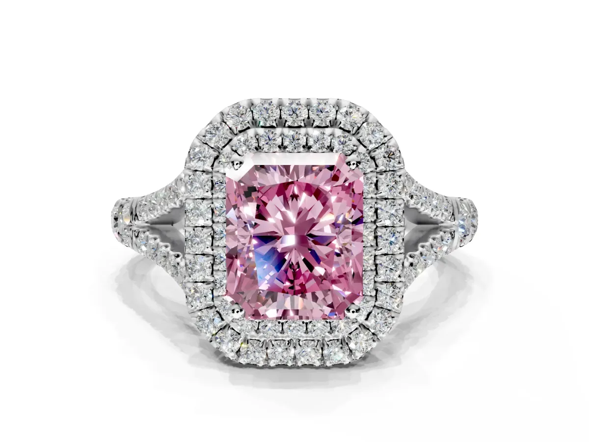 Double Halo Engagement Ring Setting for Fancy Pink Radiant Cut Center with Narrow Pave Split Shank and Prong Head in White Gold