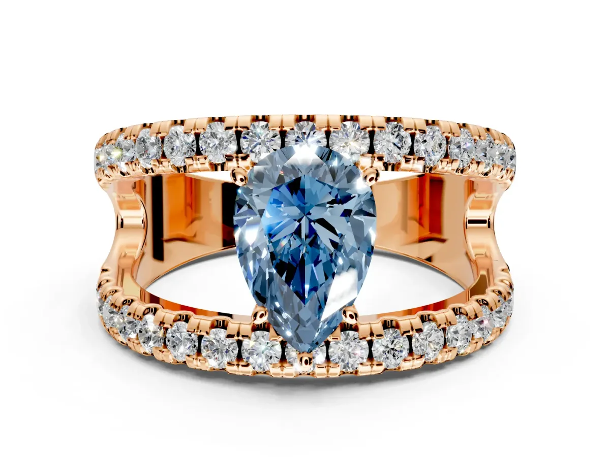 Solitaire Engagement Ring Setting for Fancy Blue Pear-Shaped Center with Wide-Open Split Shank and Prong Head in Rose Gold