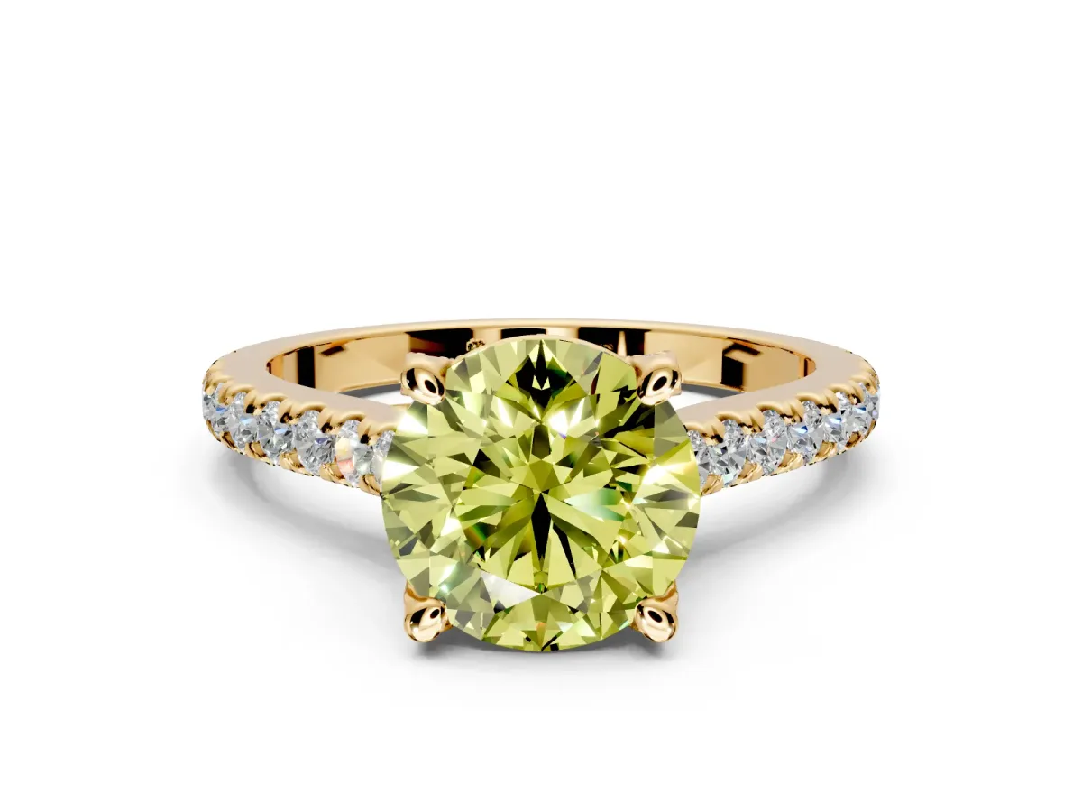 Solitaire Engagement Ring Setting for Fancy Yellow Round Cut Center with Widening Pave Band and Claw Prong Head in Yellow Gold