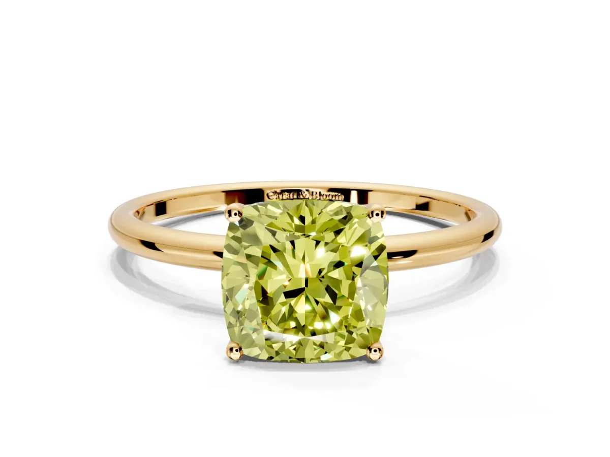 Solitaire Engagement Ring Setting for Fancy Yellow Cushion Cut Center with Straight Thin Band and Prong Head in Yellow Gold