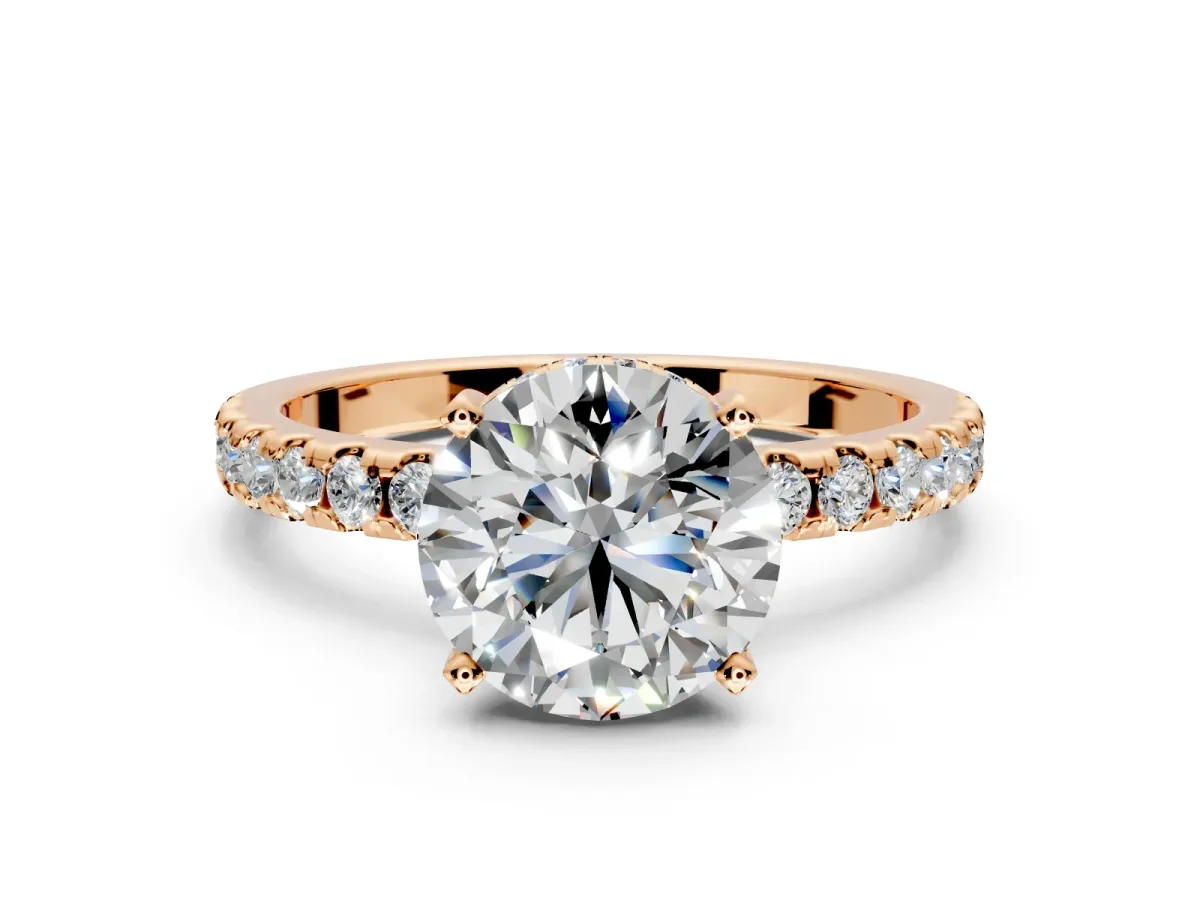 Solitaire Engagement Ring Setting for Round Cut Center with Band of Accents and Prong Head in Rose Gold