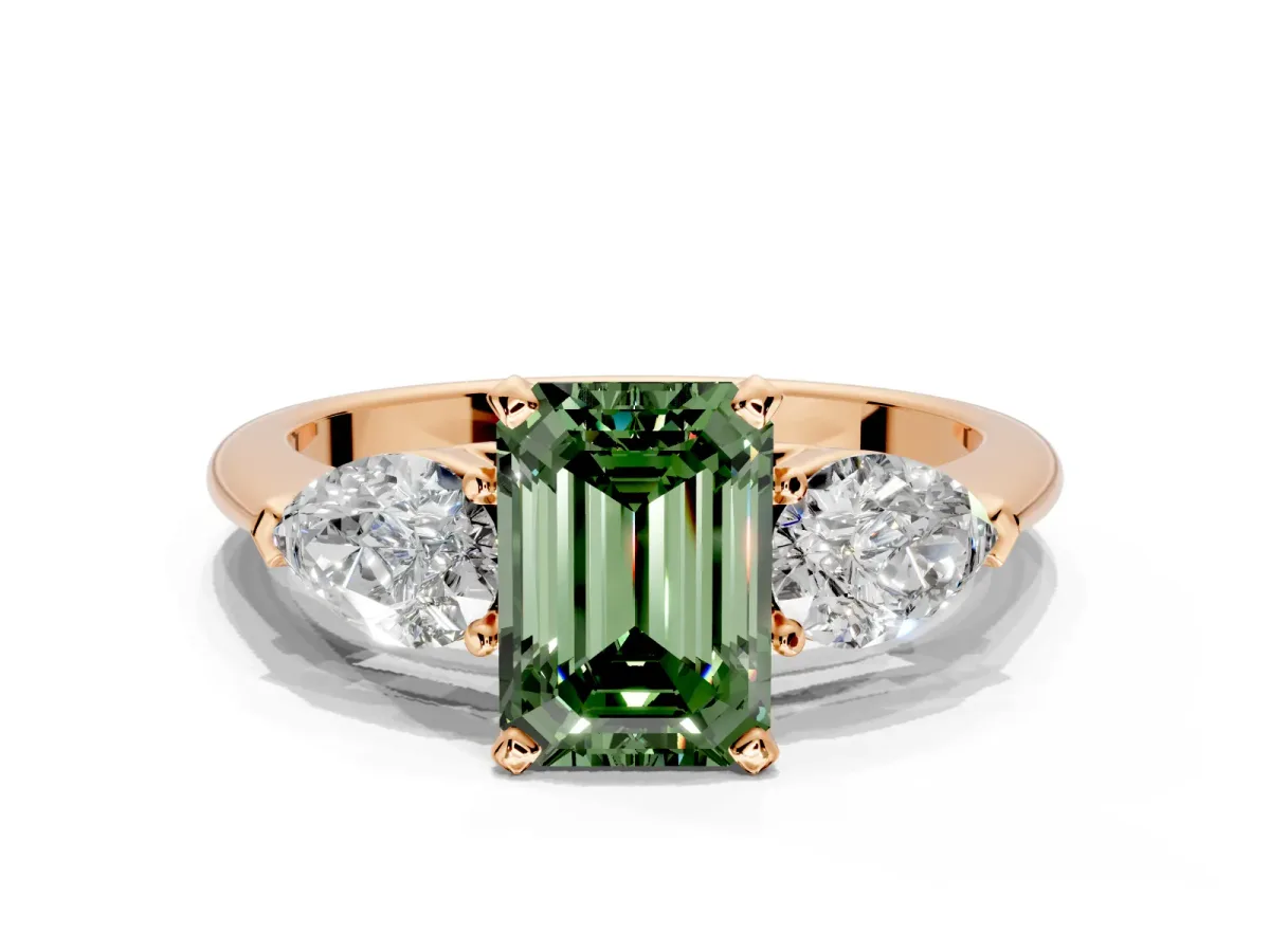 3 Stone Engagement Ring Setting for Fancy Green Emerald Cut Center with Large Pear-Shaped Accents and Prong Head in Rose Gold