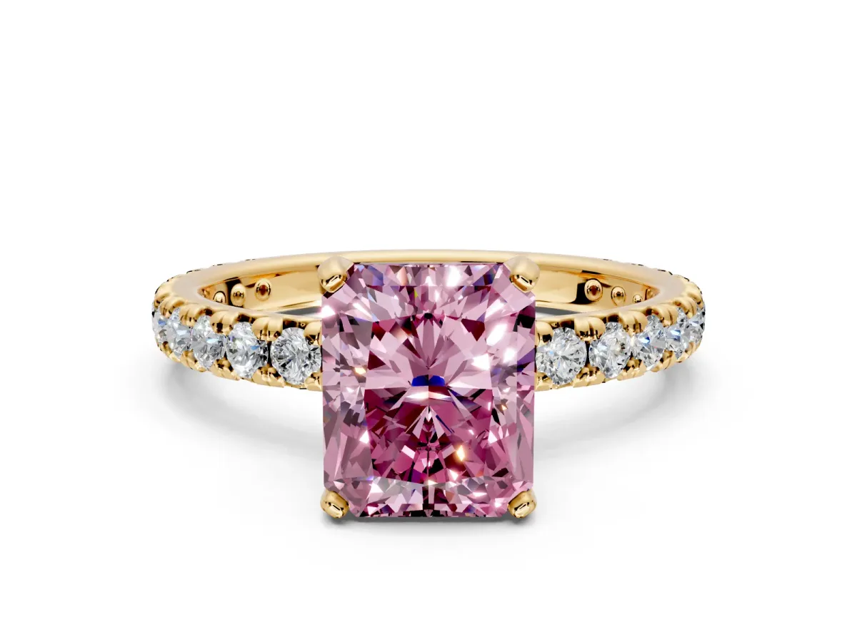 Solitaire Engagement Ring Setting for Fancy Pink Radiant Cut Center with Shared-Prong Accents and Prong Head in Yellow Gold