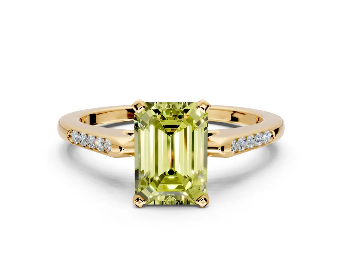 Solitaire Engagement Ring Setting for Fancy Yellow Emerald Cut Center with Channel Accents and Prong Head in Yellow Gold