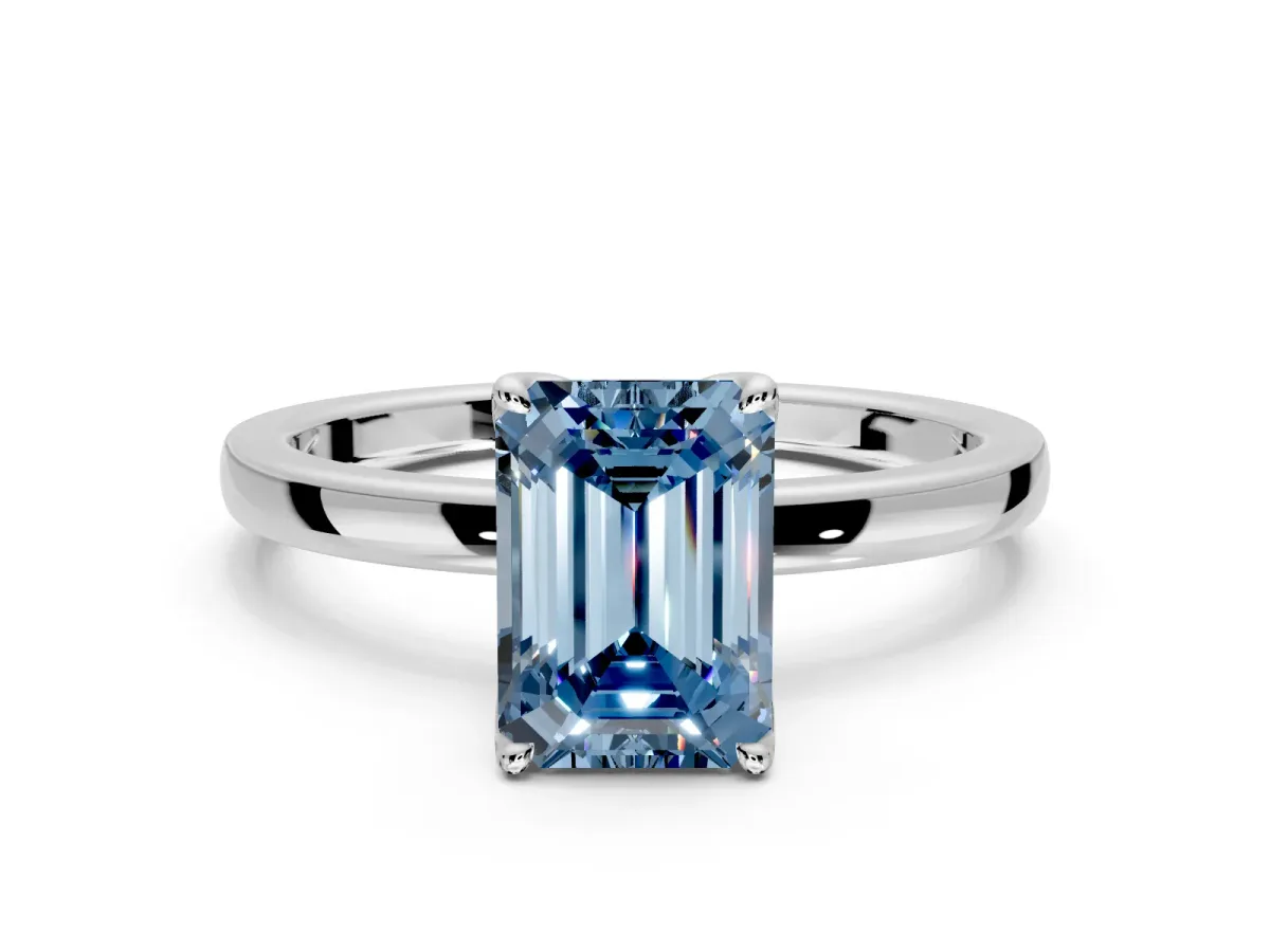 Solitaire Engagement Ring Setting for Fancy Blue Emerald Cut Center with Thin Rounded Plain Band and Prong Head in Sterling Silver