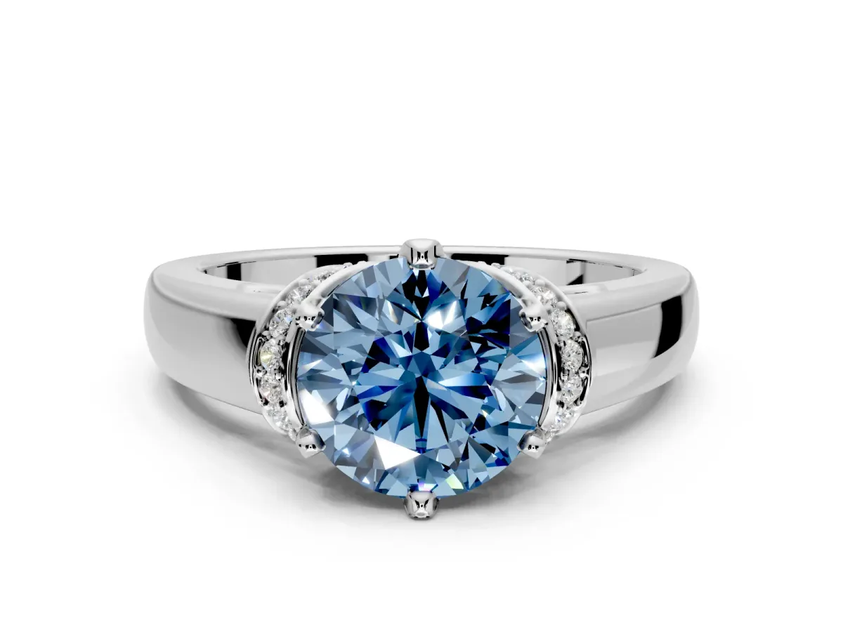 Solitaire Engagement Ring Setting for Fancy Blue Round Cut Center with Wide Band, Pave Collar and Prong Head in Platinum