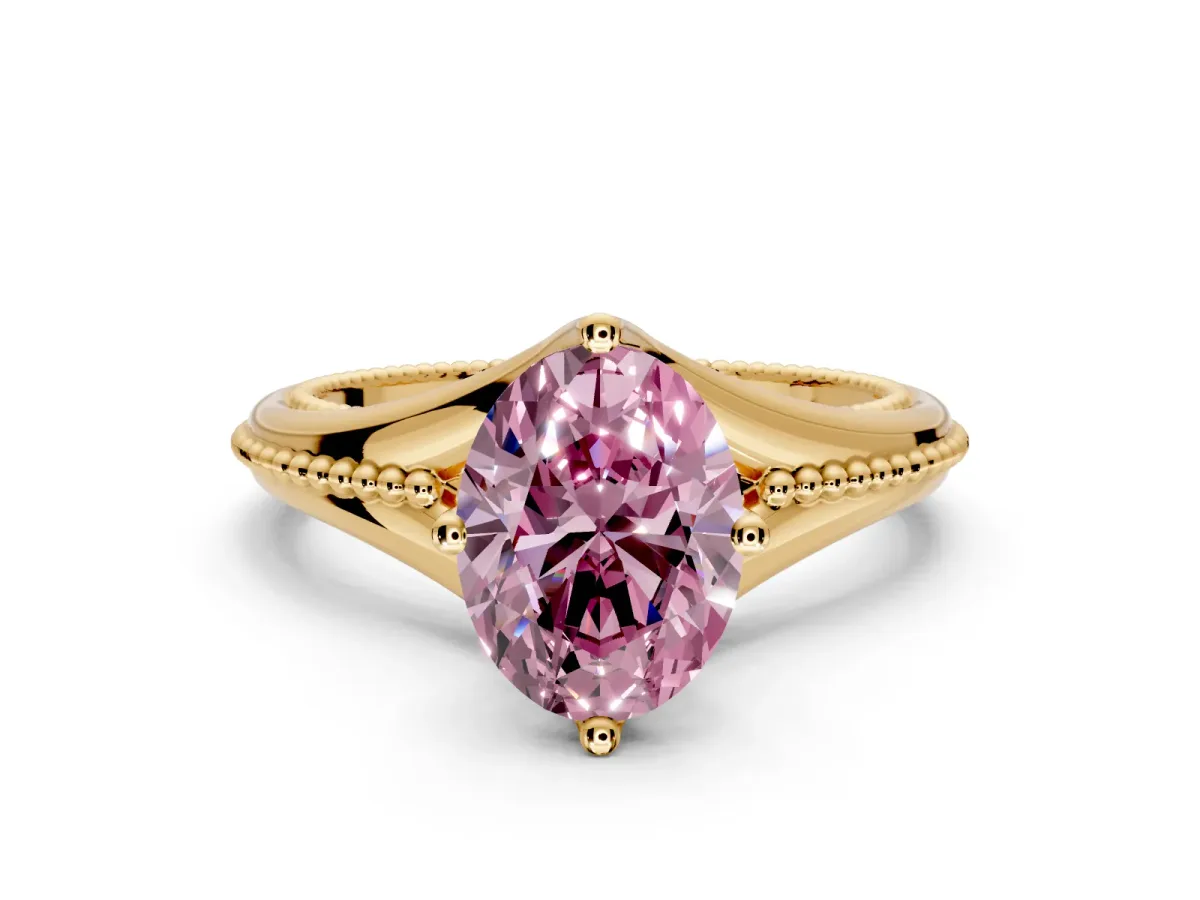 Solitaire Engagement Ring Setting for Fancy Pink Oval Center with Milgrain Cathedral Band and Prong Head in Yellow Gold